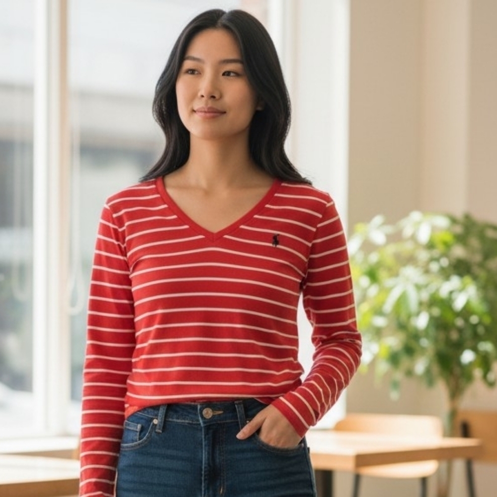 Ralph Lauren Red Striped V-Neck Top